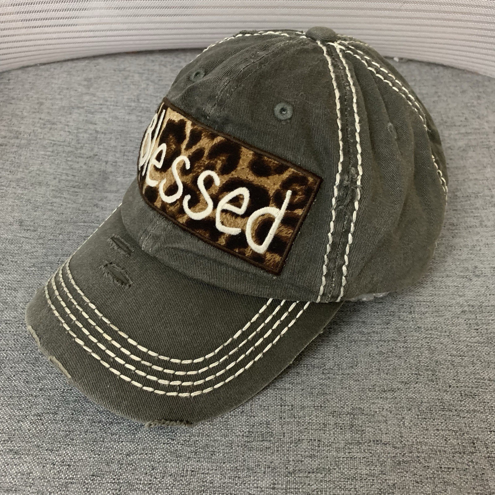 Kbethos Cap Strap Back Distressed Gray BLESSED Leopard Patch Embroidered Hat