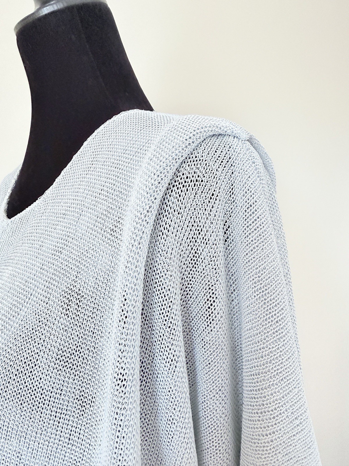 Eskandar Open Knit Sweater Pleated Shoulder Soft Sage Blue Layered Linen Blend