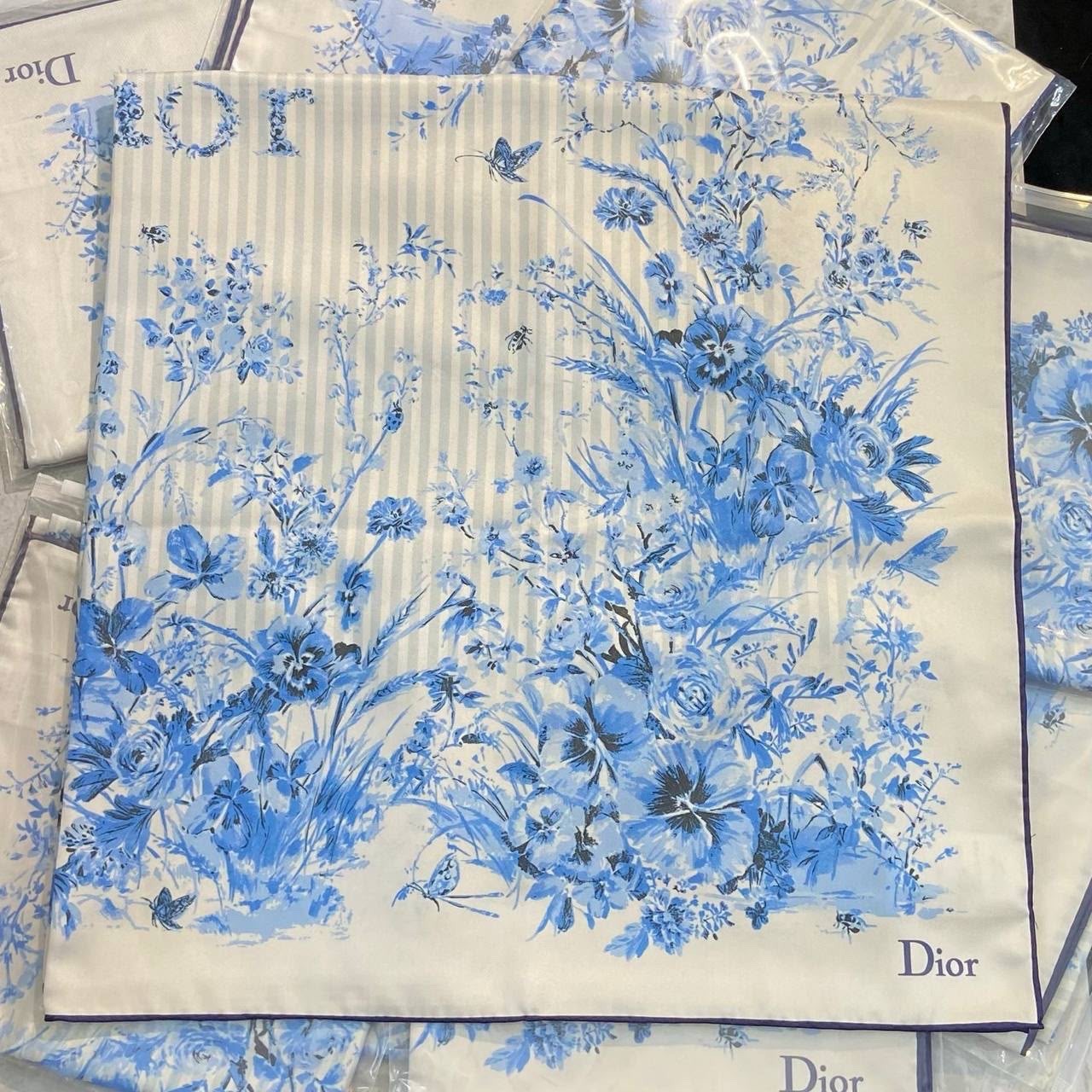 Dior 76×76 Square Silk Scarf Floral Pattern blue/grey color