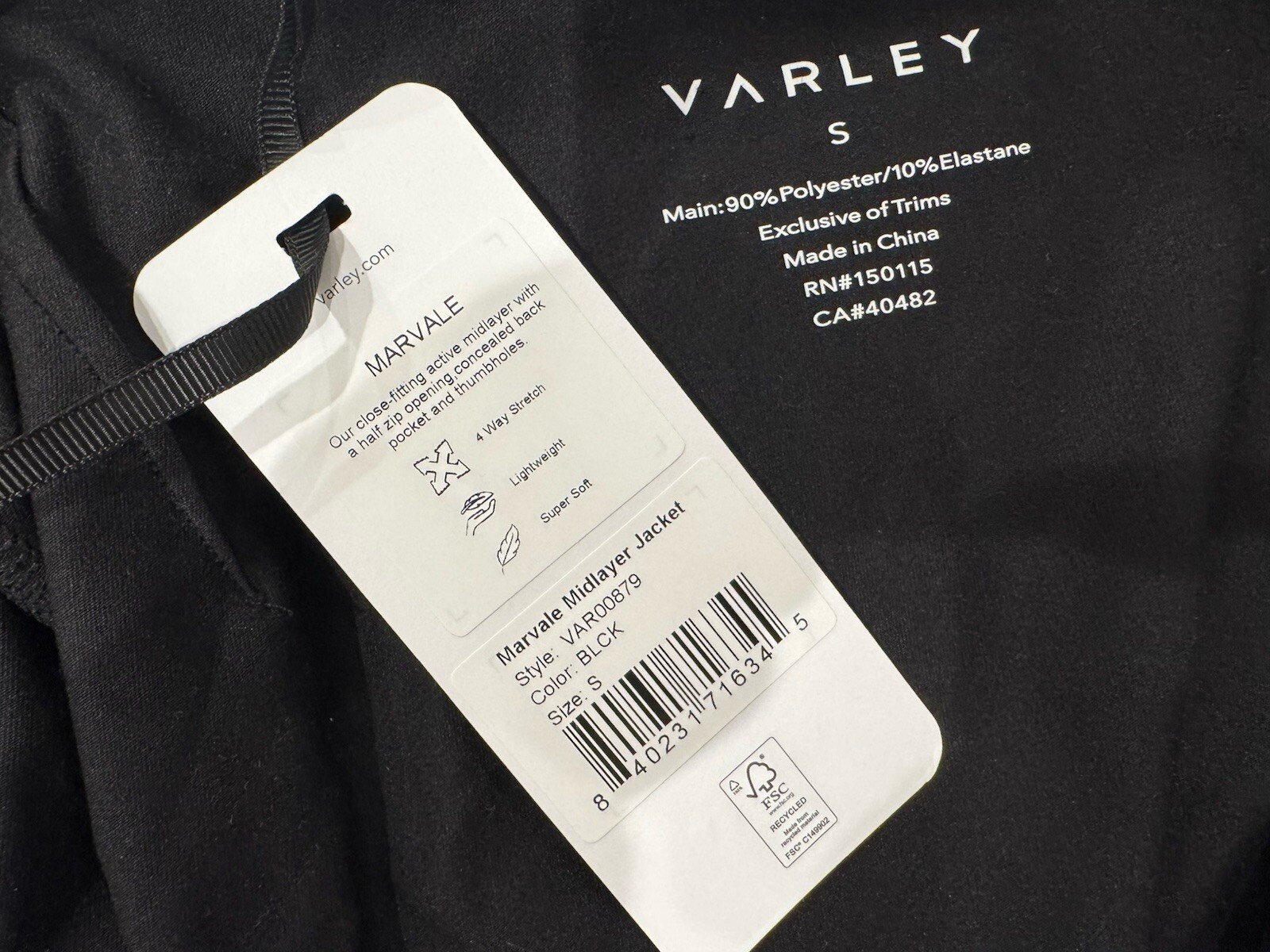 NWT VARLEY $99 Marvale Midlayer Jacket Top Black – Size Small