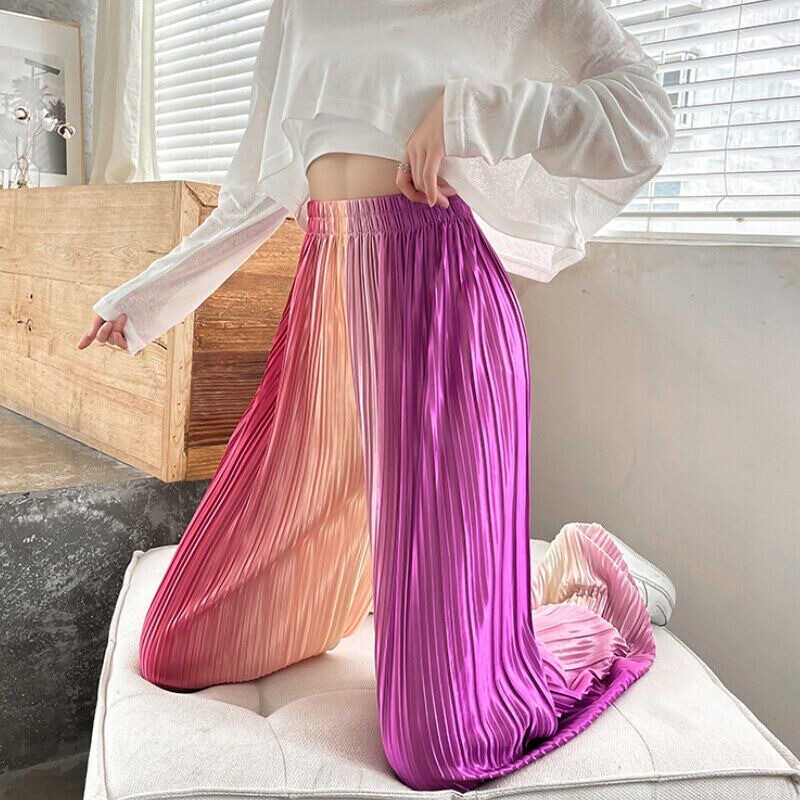 Lady Rainbow Gradient Faux Silk Pants Pleated Tie-Dye Wide-leg Trouser Drape Fit