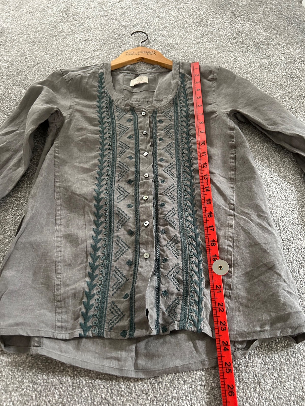 Wrap London Linen Shirt Blouse Size 6 Grey Green Embroidery Priarie Cottagecore