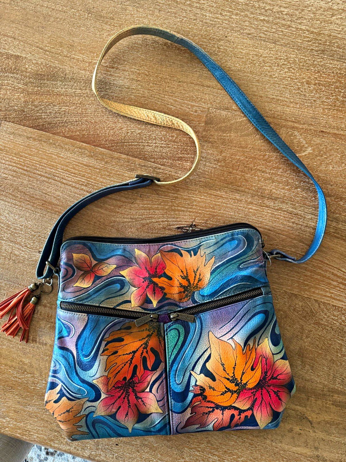Anuschka Painted Floral Multicolor Crossbody Bag Zip, Lined, Tassel Charm
