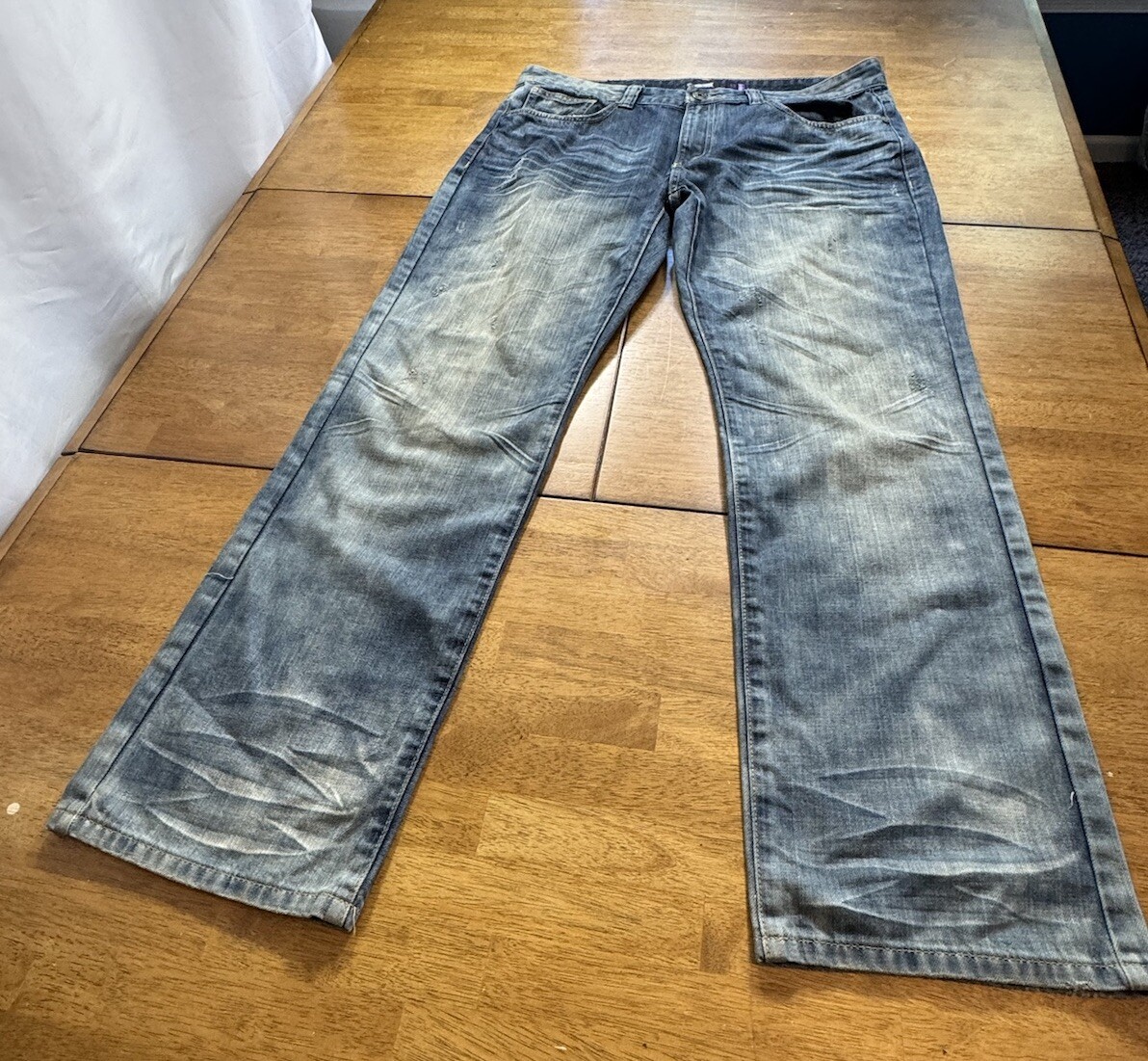 Grindhouse Bleach Washed Jeans Unique Design Mens Size 38×32 Slim Straight Fit