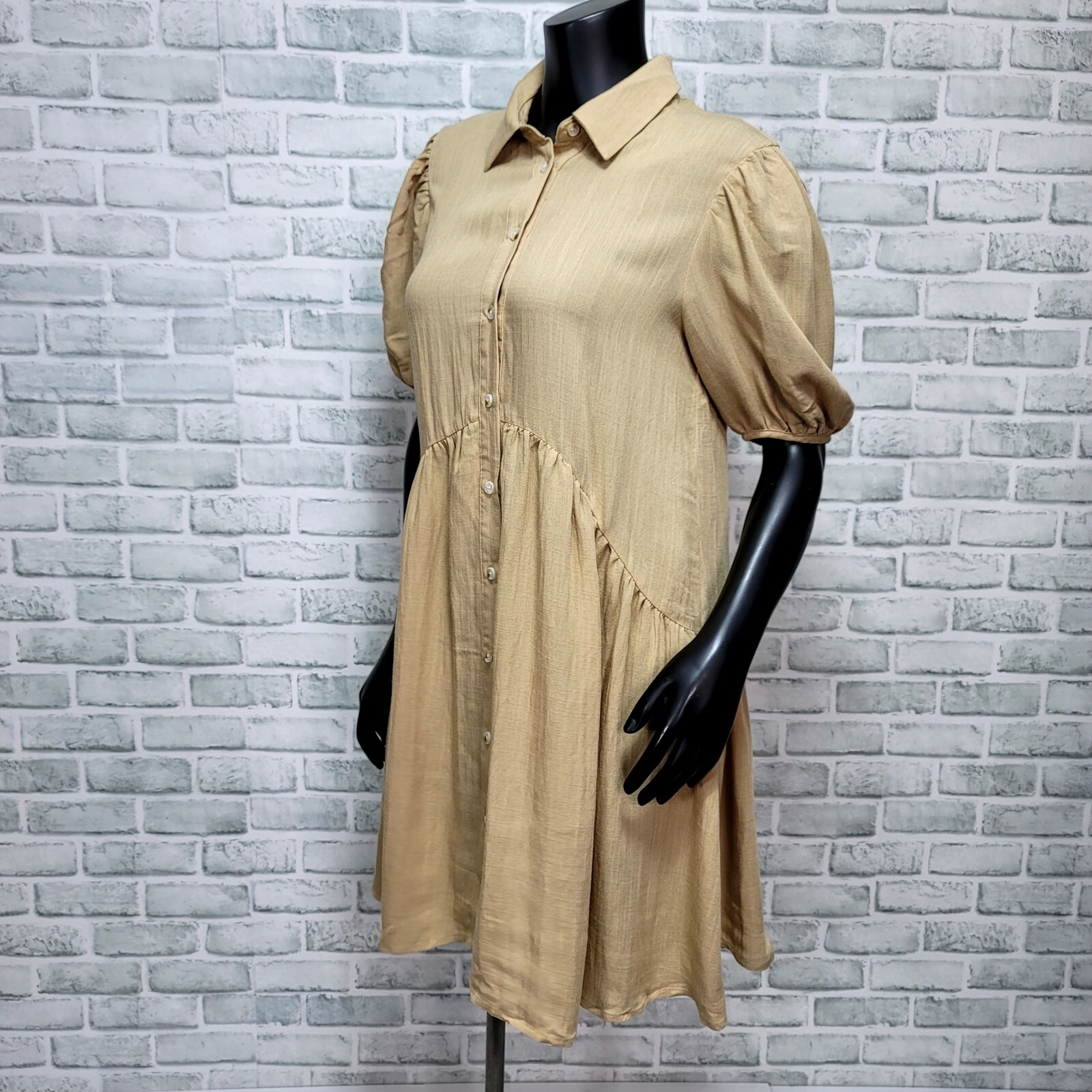 Nasty Gal Size S Beige Puff Sleeve Smock Mini Shirt Dress Button Up Lightweight