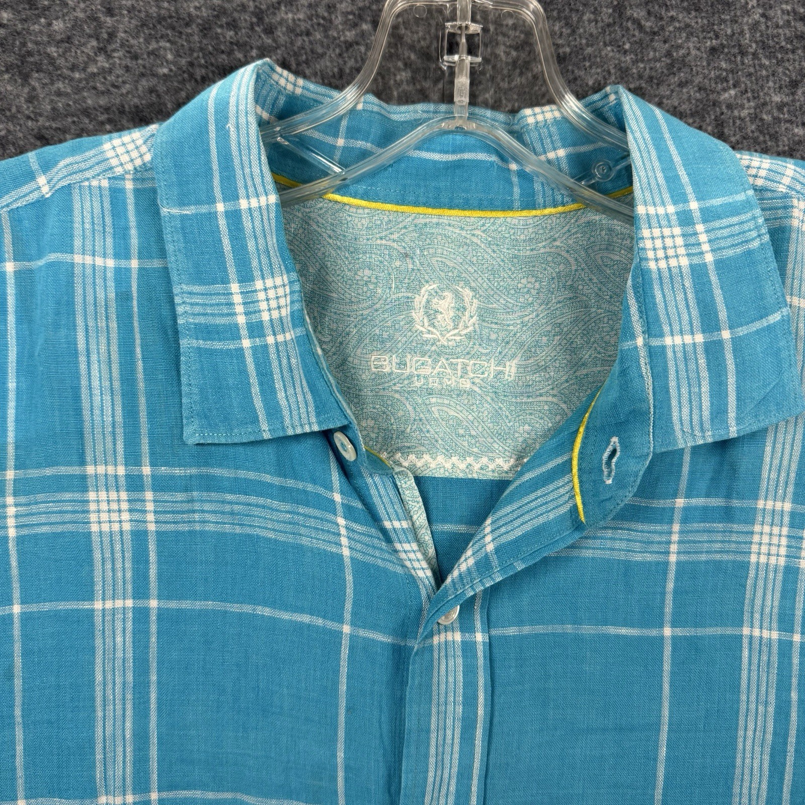 Bugatchi Linen Shirt Mens Lrg Blue Check Shaped Fit Button Up Short Sleeve A161