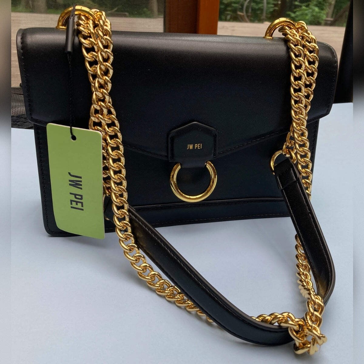 JW PEI Black Envelope Chain Crossbody Bag Gold Chain Vegan Leather NWT