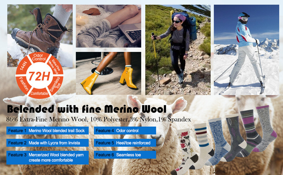 EnerWear 4 Pairs socks Unisex Stripes Merino Wool Outdoor Hiking Trail Crew