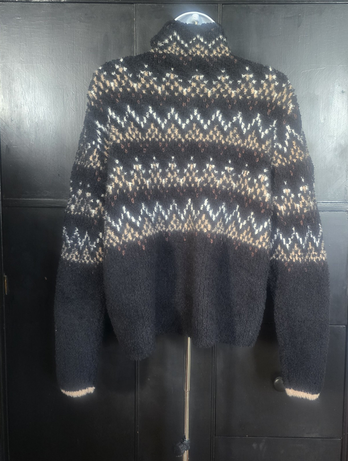 Natural Reflections Quarter Zip Pullover Women M Black Fair Isle Cabin Gorpcore