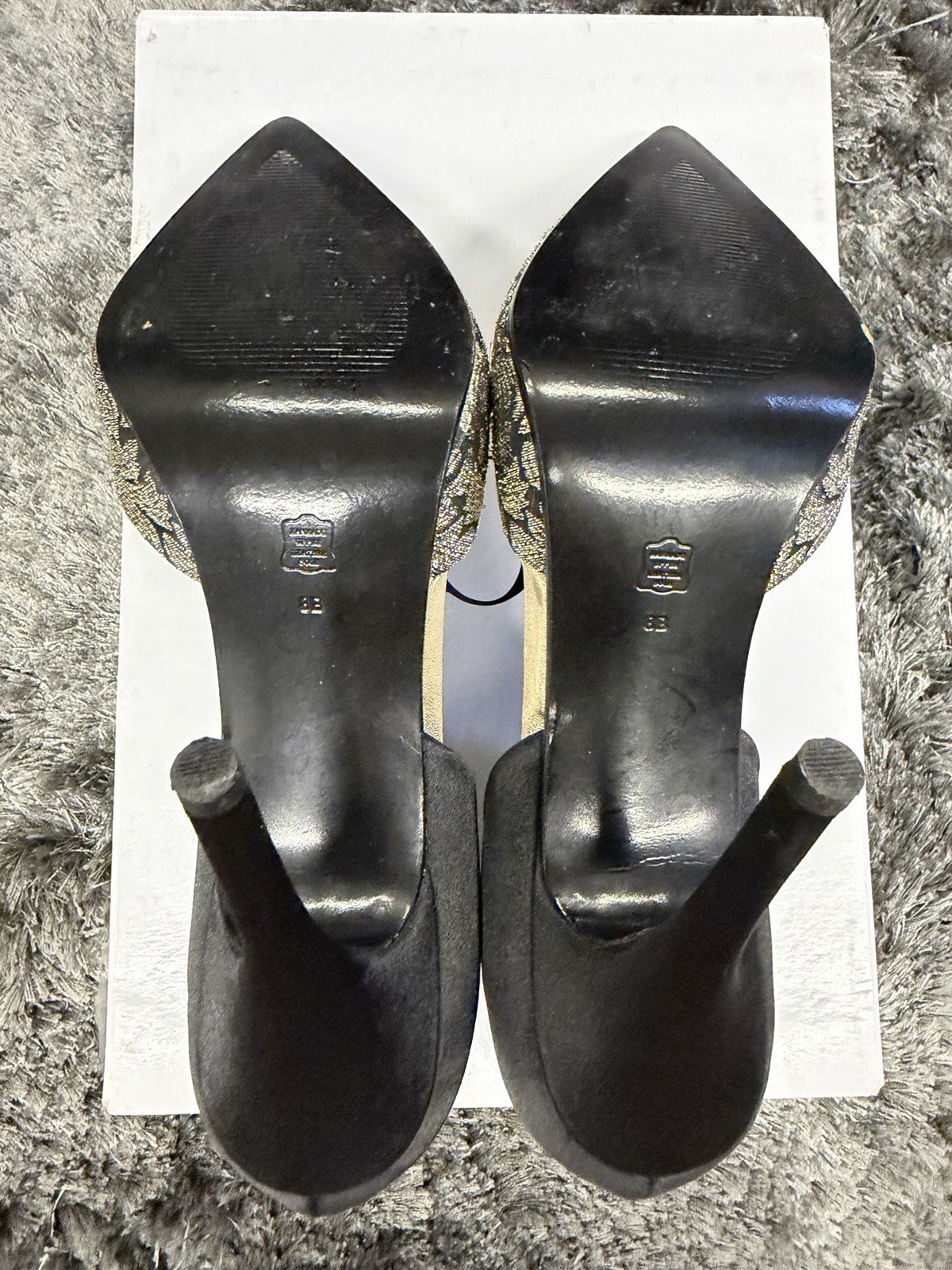 Caparros Black Gold Leather Floral Brocade Slip On Pointed Toe Pump 8M F6113