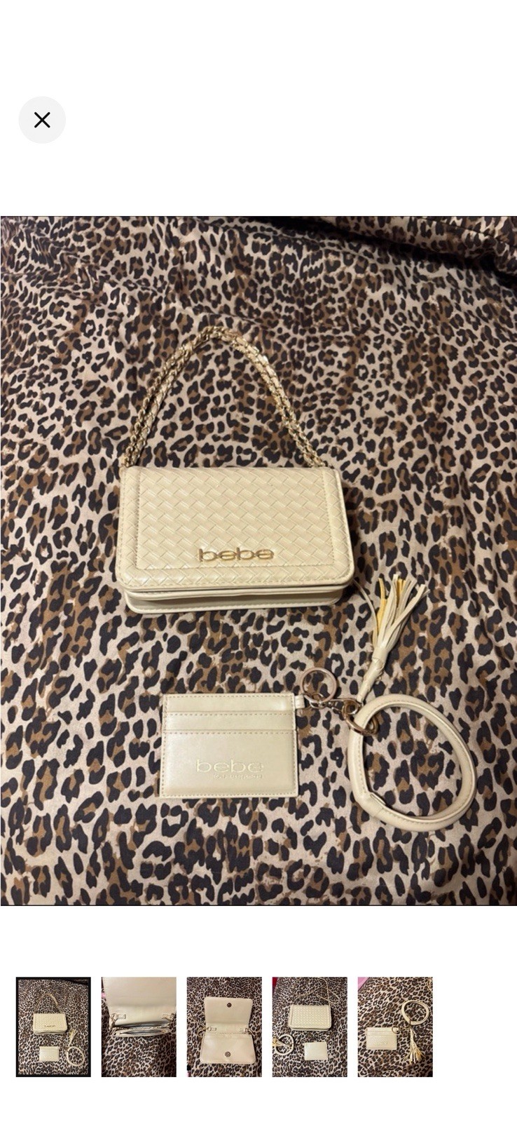 bebe Beige Women’s Wallet Set w/ Chain Strap, Logo Tassel, Card Holder Keyring
