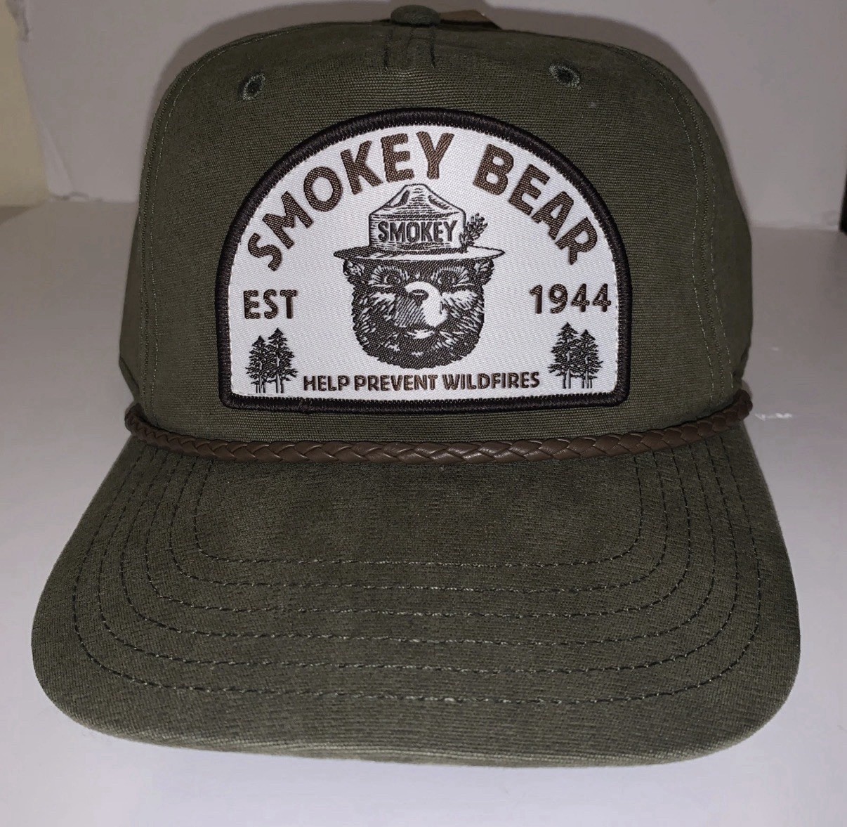 SMOKEY THE BEAR Official SnapBack Patch Hat Cap Rope Design Army Green NWT