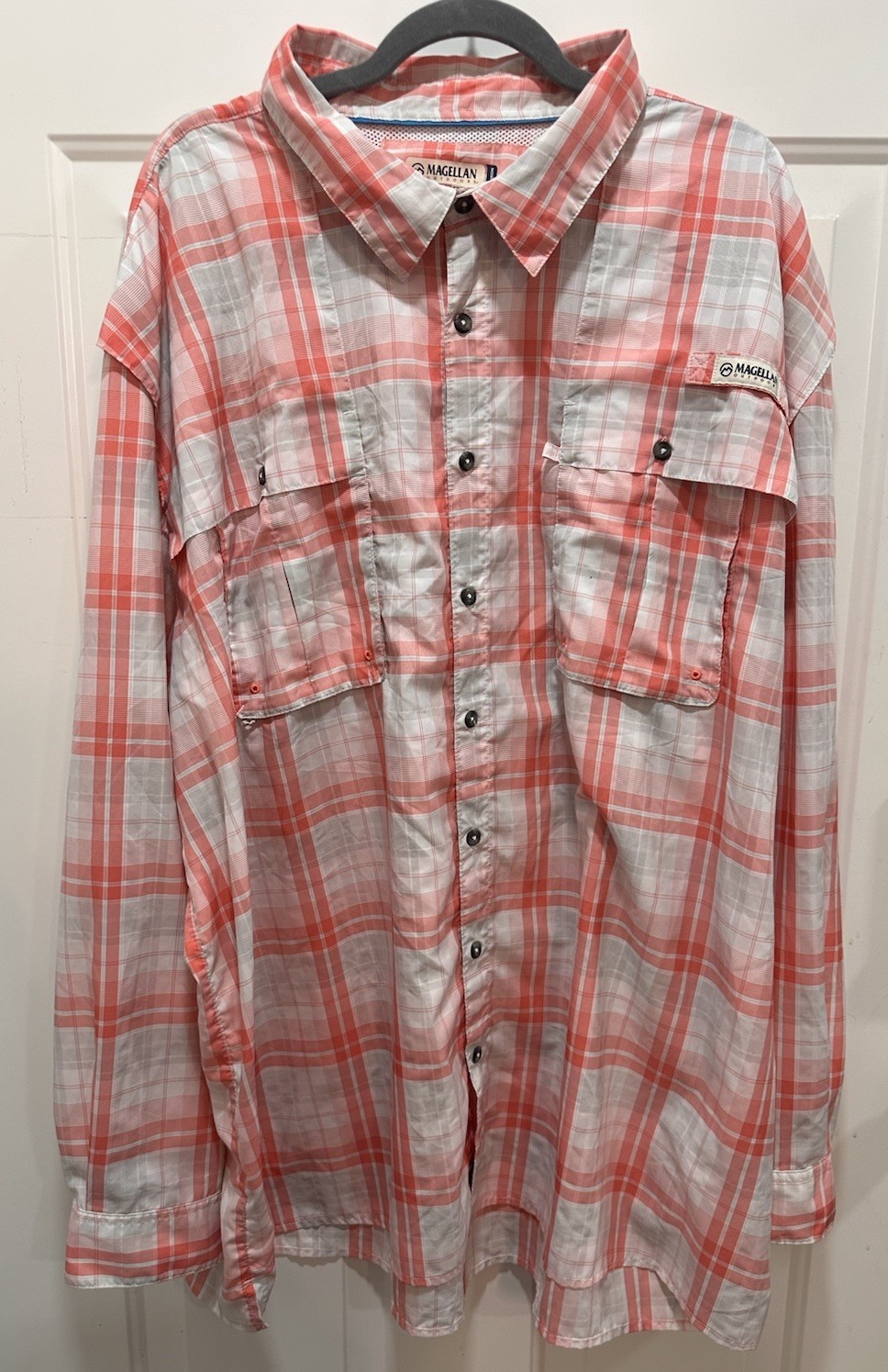 Magellan Fishing Shirt Men’s 4XL Pink White Plaid Button Down Vented Quick Dry