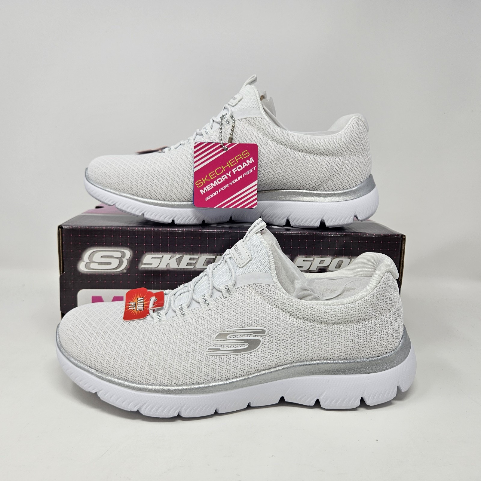 Wmns Skechers Summits Comfy Casual Shoe / White Silver / 12980W / Size 6 WIDE