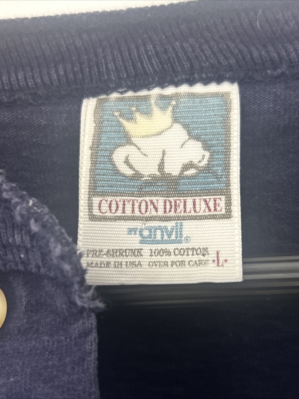 Vtg Mens Henley Size Large Cotton Deluxe Anvil 100% Cotton Navy Blue Duck Logo