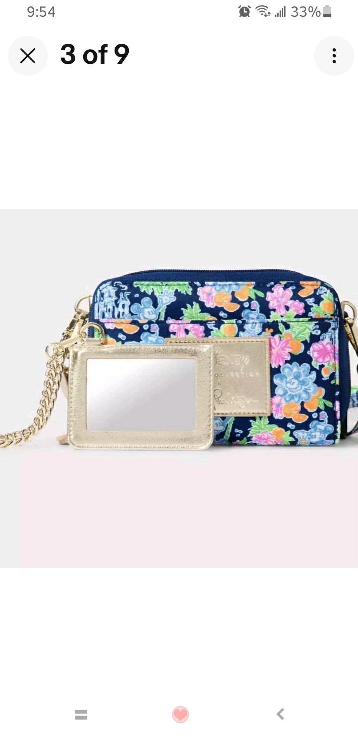 Disney x Lilly Pulitzer Mickey Floral Zip Wristlet Wallet Blue Chain ID Window