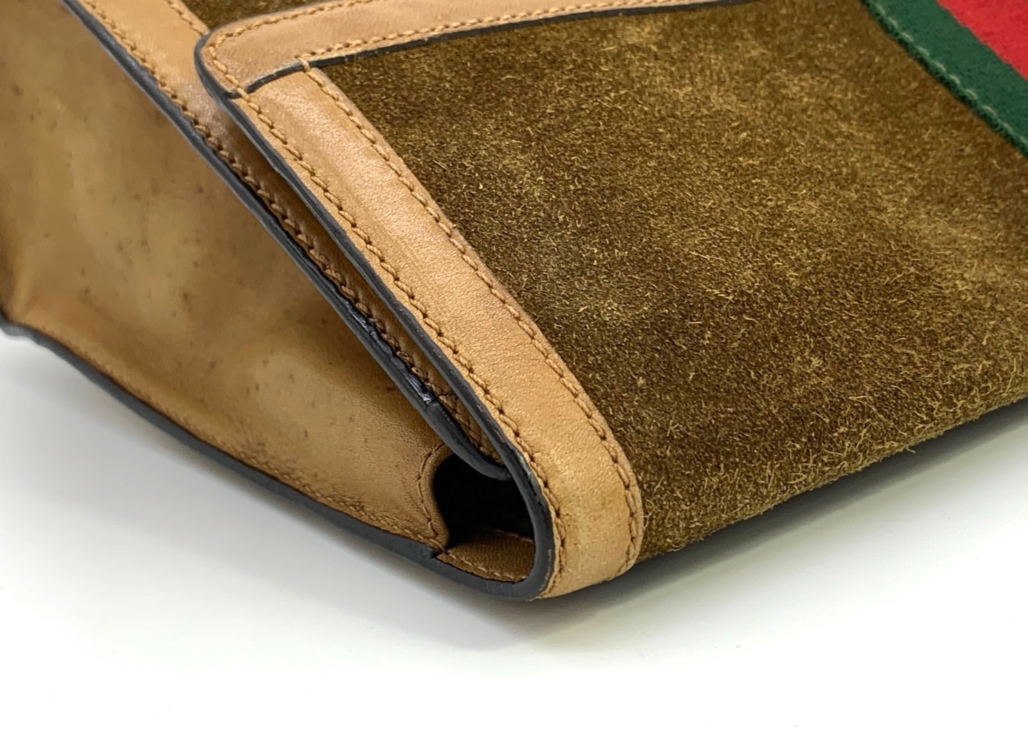 GUCCI VINTAGE Web Stripe Clutch Suede Leather Camel Large Rare Authentic