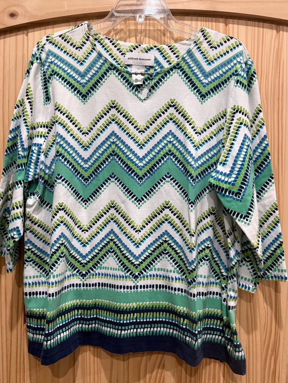 Alfred Dunner Teal and Navy Chevron V-Neck Tunic Top – Size XL