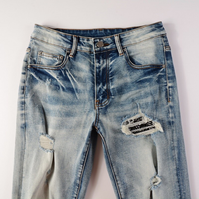 Men’s Slim Fit Stretch Denim Jeans with Paisley Patch Detail & Distressed Wash