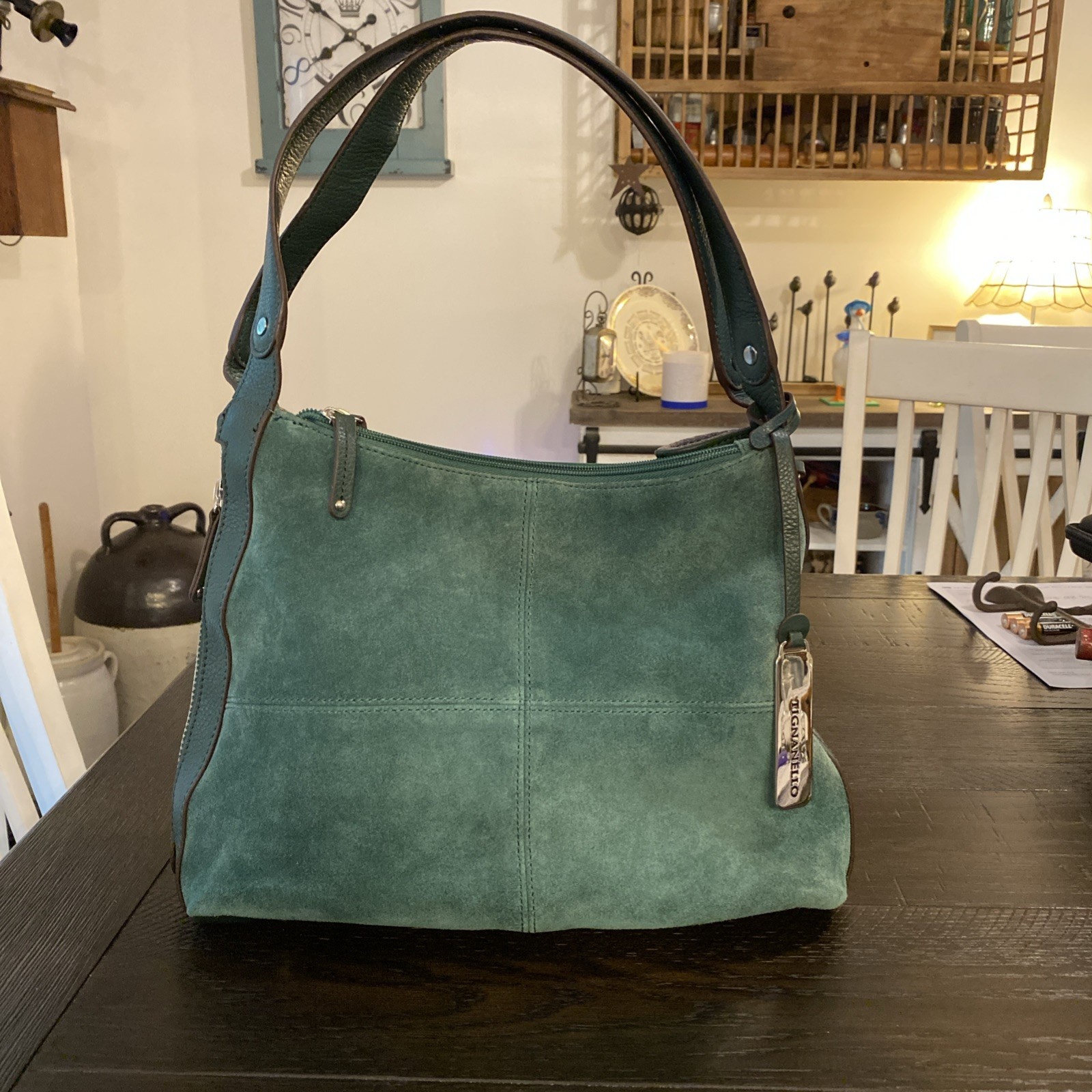 Tignanello Green Suede Leather Purse Shoulder Bag Zip Close Double Straps