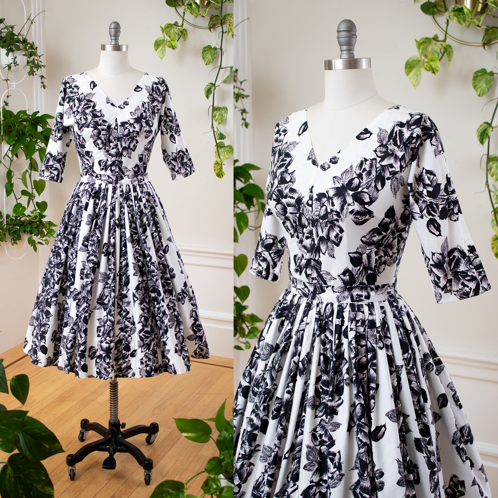 Vintage 1950s Dress Set 50s Rose Floral Striped Cotton Blouse Skirt 2 Piece