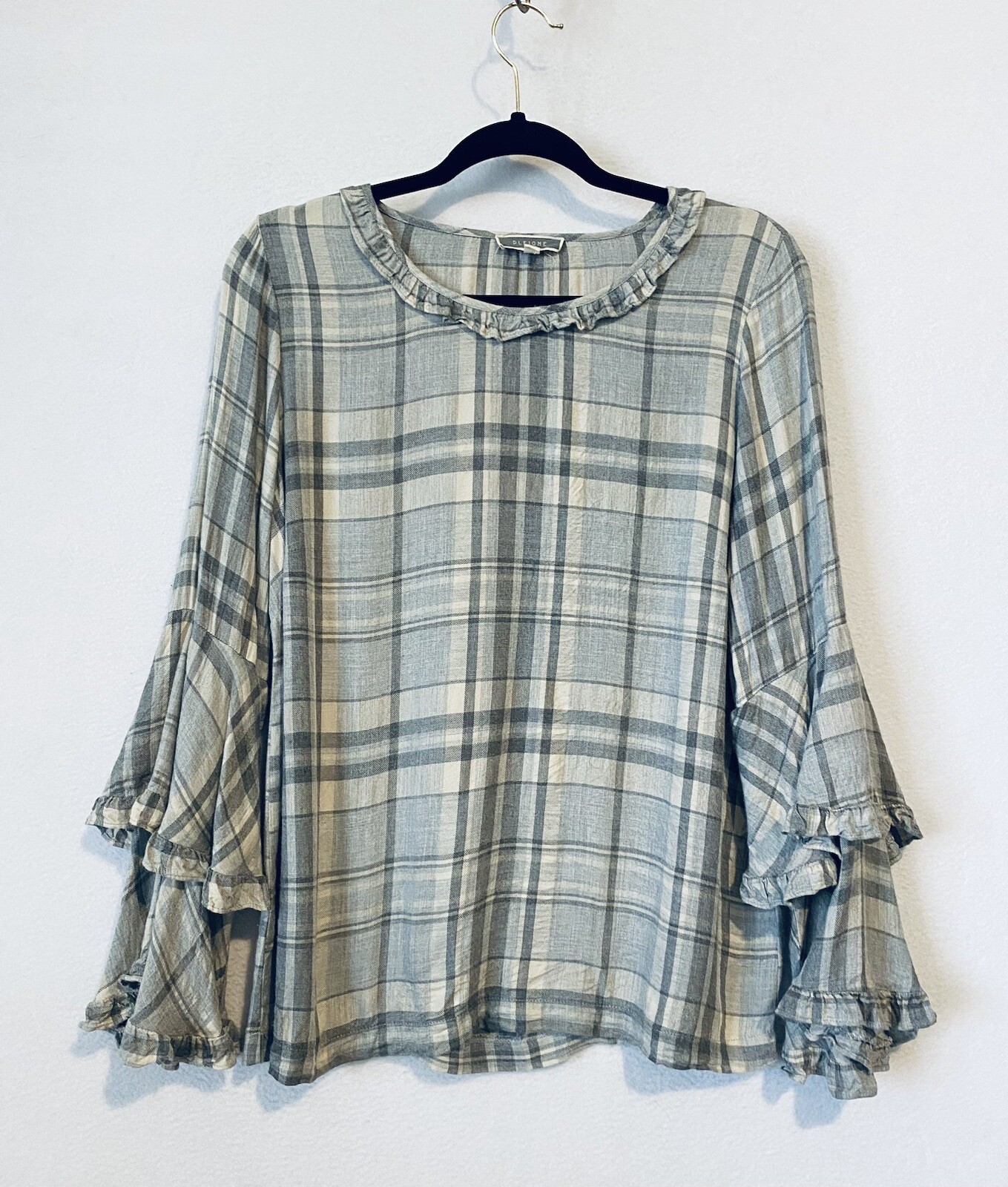 Pleione Top Womens Medium Gray Plaid Tiered Bell Sleeve Ruffle Collar Boho