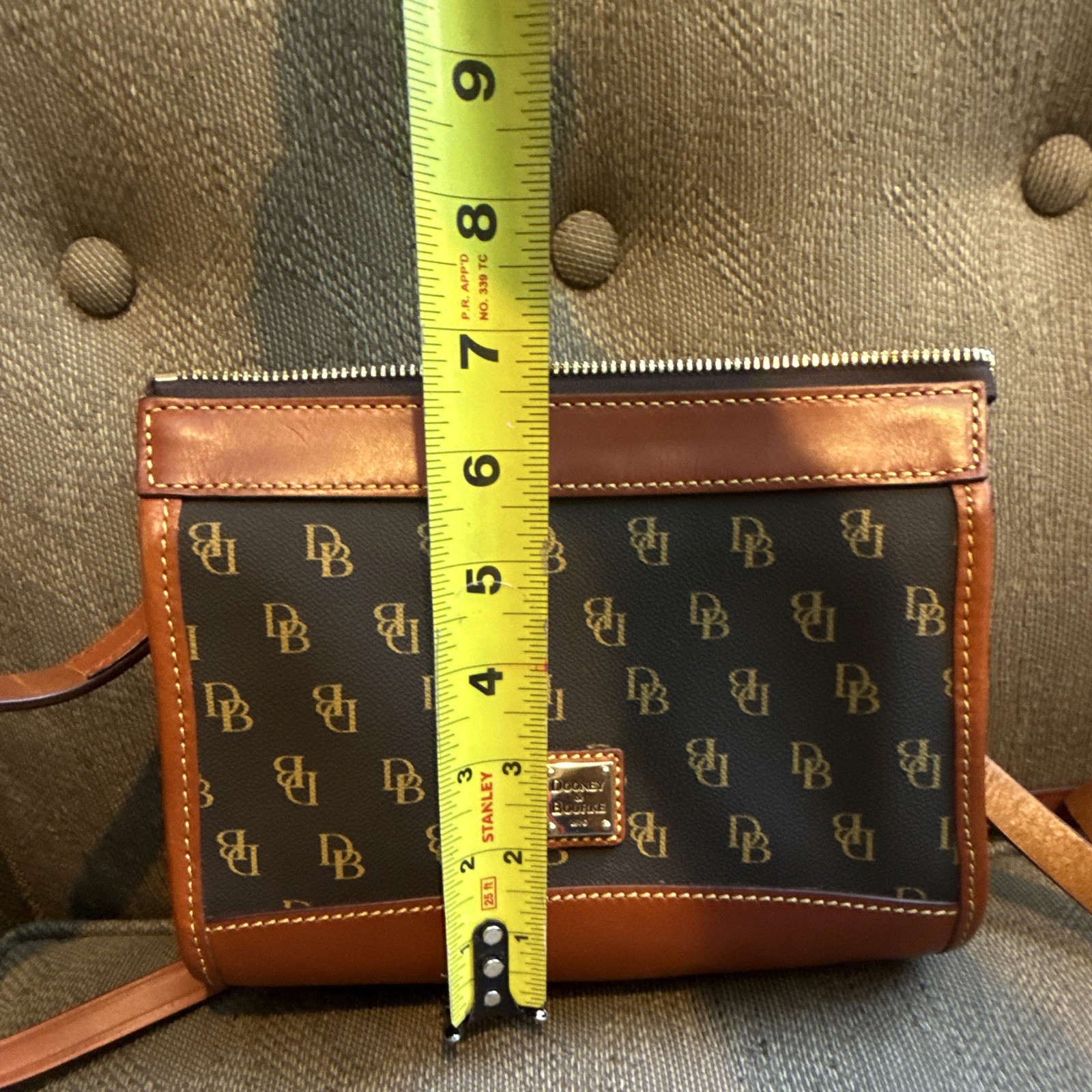 Dooney & Bourke Brown Logo Zip Crossbody, Gold Hardware, Adjustable Strap