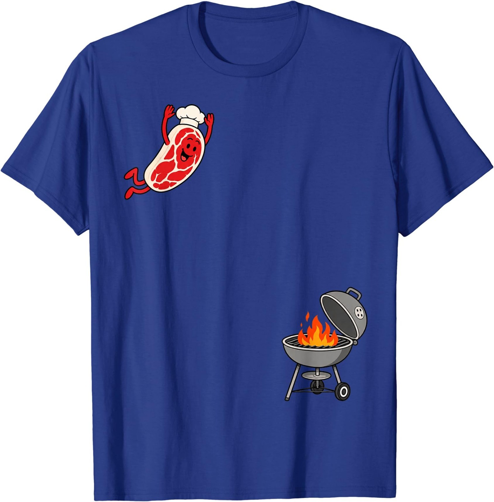 Funny Chef Steak Jumping Into BBQ Grill Cartoon T-Shirt