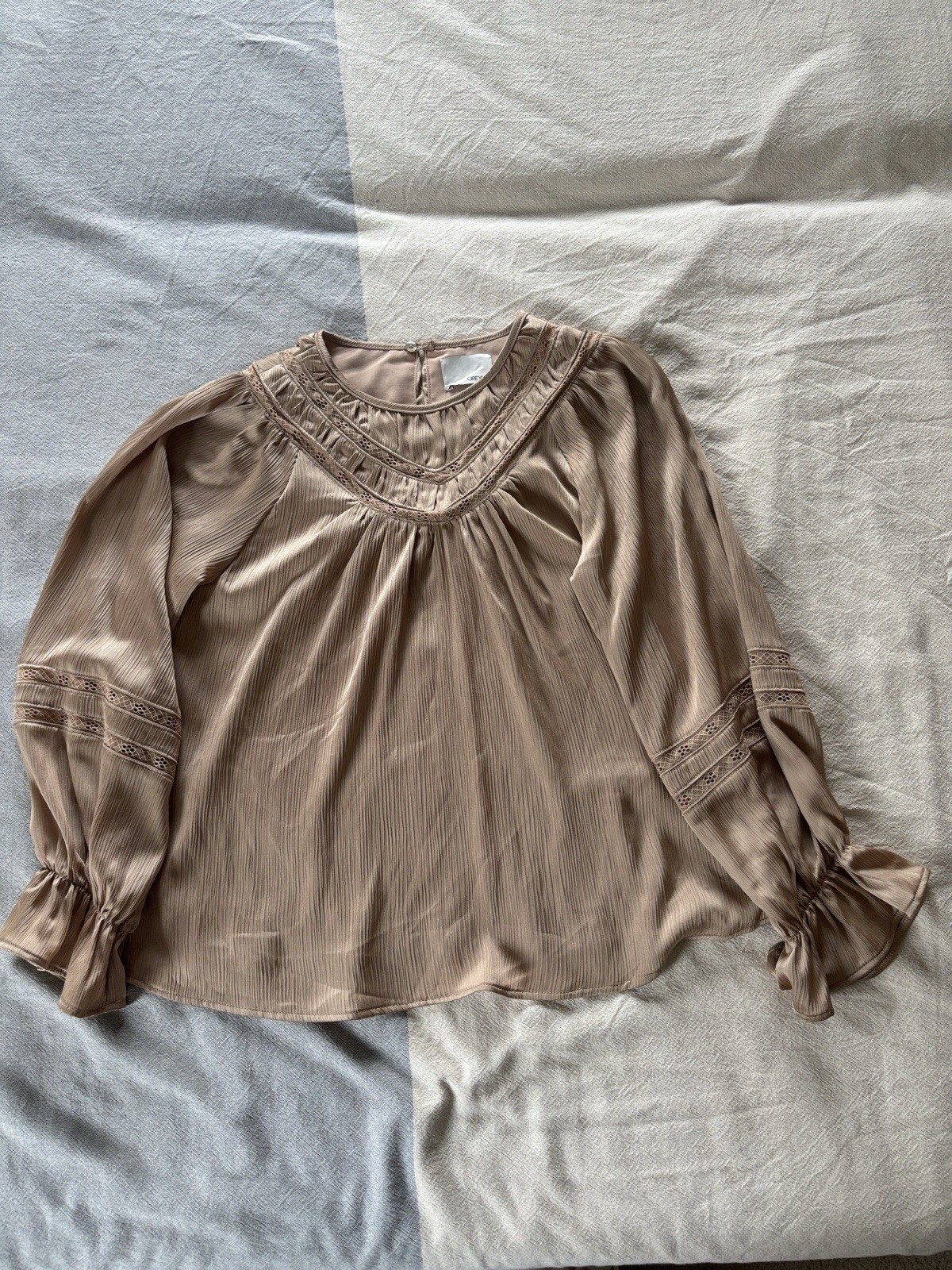 NEW Greylin Woven Lace Small Yoke Long-Sleeve Blouse in Taupe
