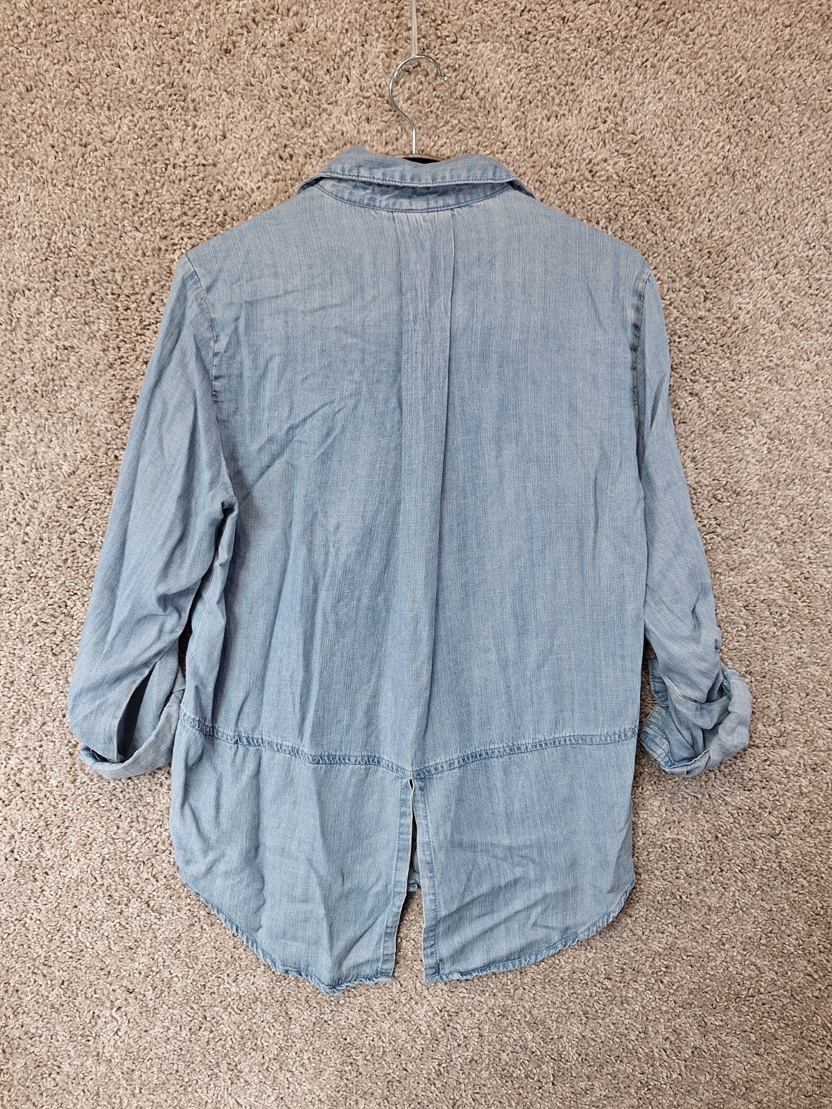 Velvet Heart Shirt Womens Small Blue Double Pockets Roll Tab Sleeve 100% Tencel