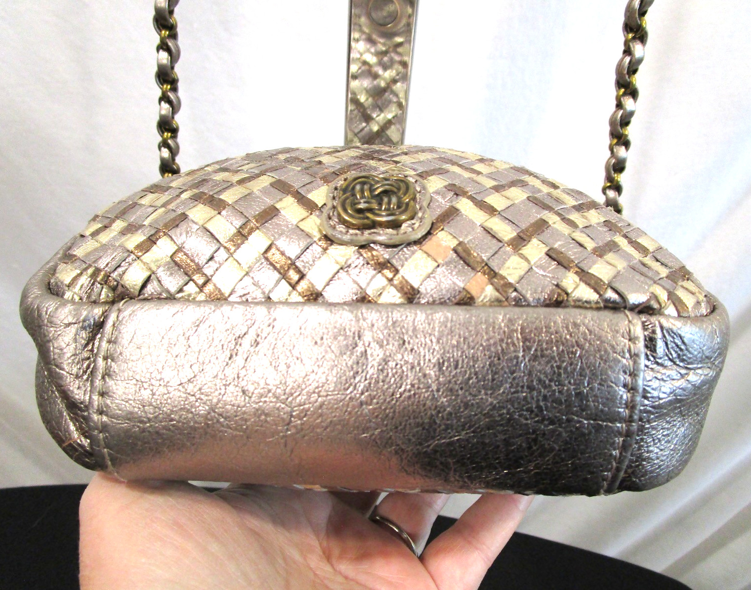 Elliott Lucca Small Silver, Gold Metallic Woven Leather Crossbody Purse