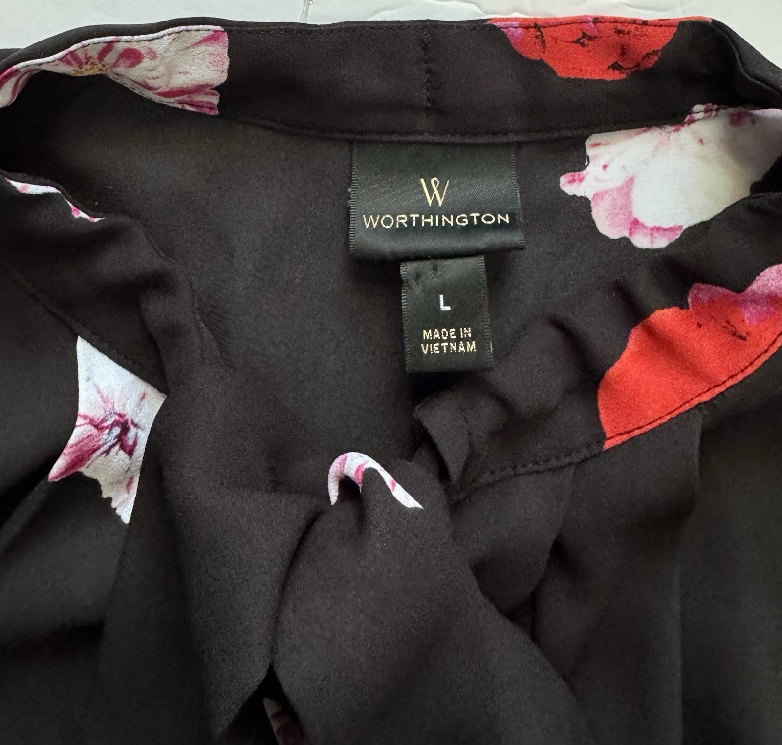 Worthington L Black Floral Tie Neck Sleeveless Blouse Poppy Peony Work Top Shirt