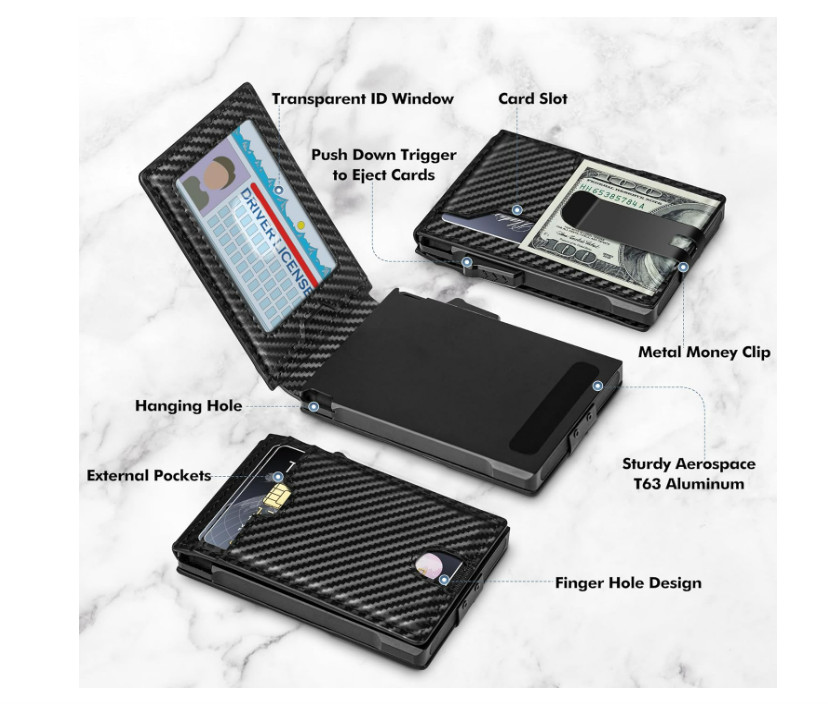 Men’s Slim PopUp Bifold Carbon Fiber Wallet, RFID Blocking, Money Clip, Men Gift