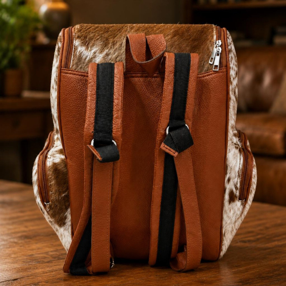 Hair-On Cowhide Leather Backpack Brown White Western Multi-Pocket Daypack Unisex