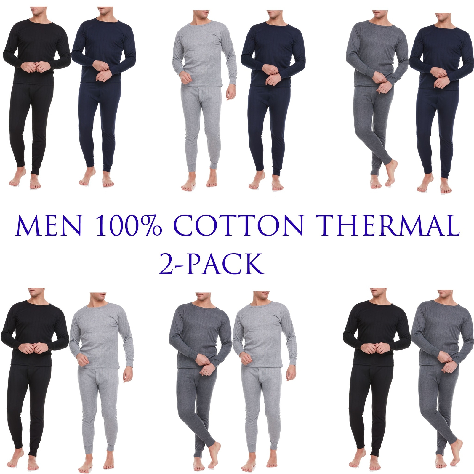 Men Thermal Underwear 100% Cotton Fleece Lined LongJohn Warm Winter Shirt 2-PACK