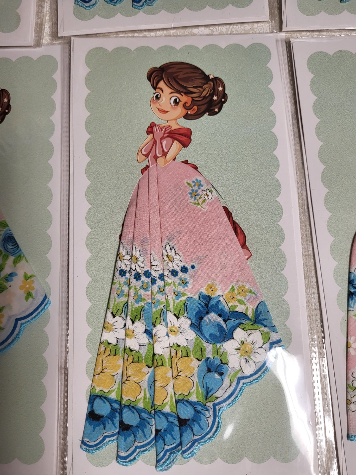 vintage hanky handkerchief card; retro, full skirt, any occasion cards pink blue