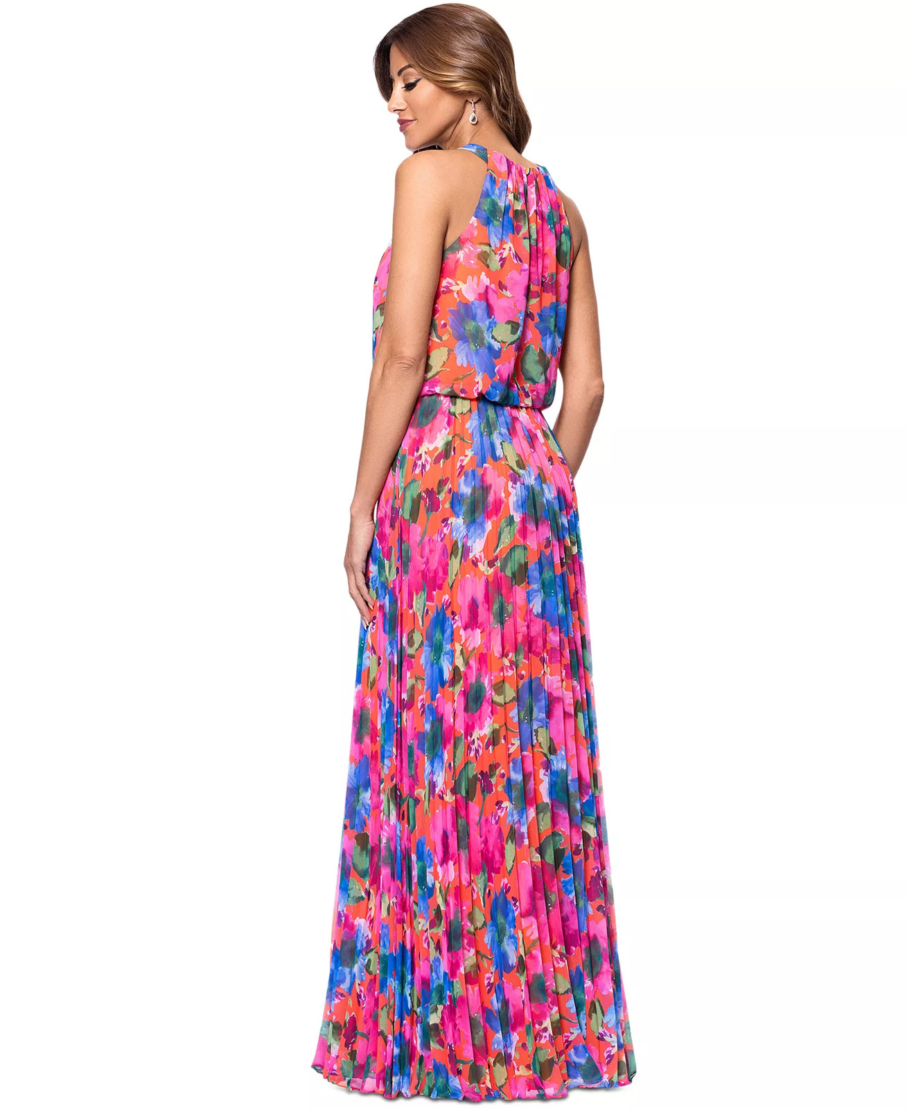Xscape Chiffon Gown Pleated Halter Blouson Pink Floral Size 12 NWT $179