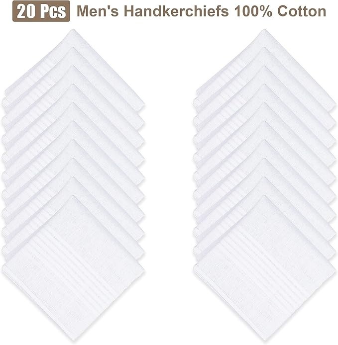 Mens Cotton Handkerchiefs 20 Pack White Pocket Squares Hankies 16×16 Wedding Set