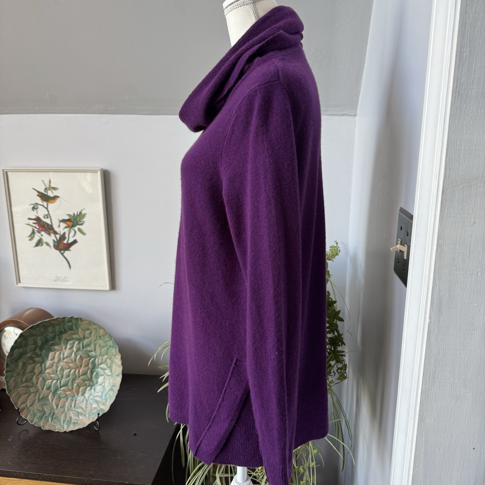 White + Warren Purple Cashmere Sweater Cowl Neck Size Large Long Tunic Luxe