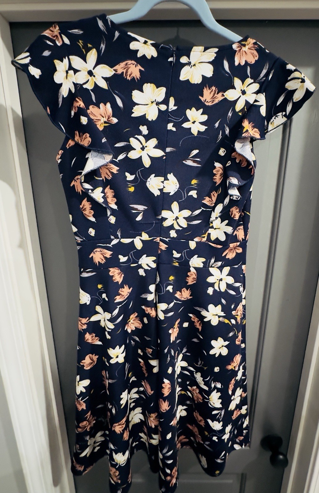 Yathon Navy Floral Ruffle Flutter Sleeve A-Line Knee Length Round Neck Dress