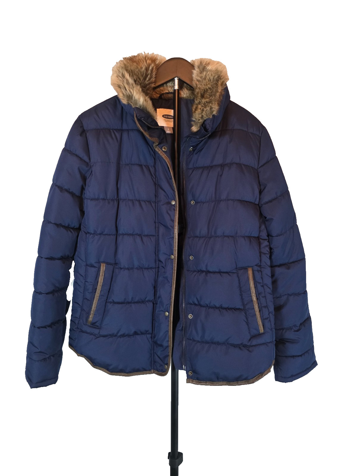Old Navy Womens Large Navy Blue Puffer Jacket Faux Fur Collar Trim Quilted Coat