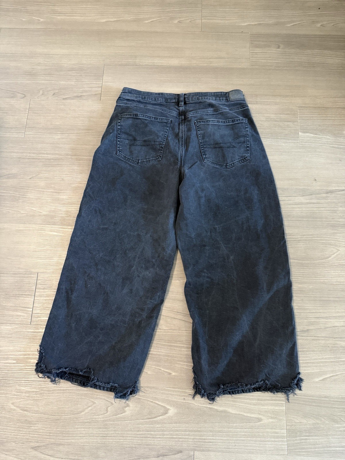 American Eagle Strigid Jeans 14 Black Gray Whiskered Wide Leg Stretch Baggy