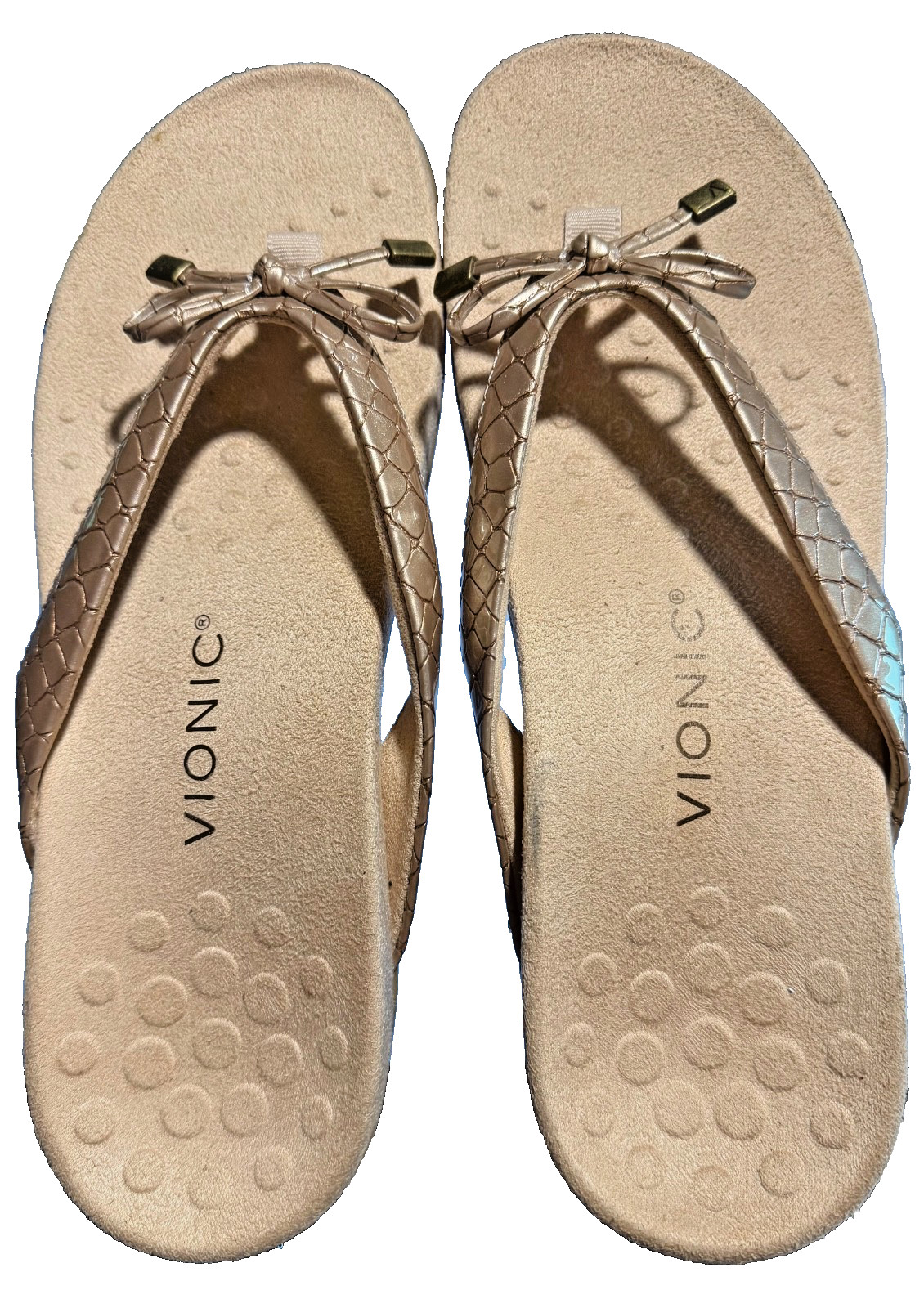 Vionic Bella II Toe Post Sandals Gold Cork Upper Feminine Bow Sz 9