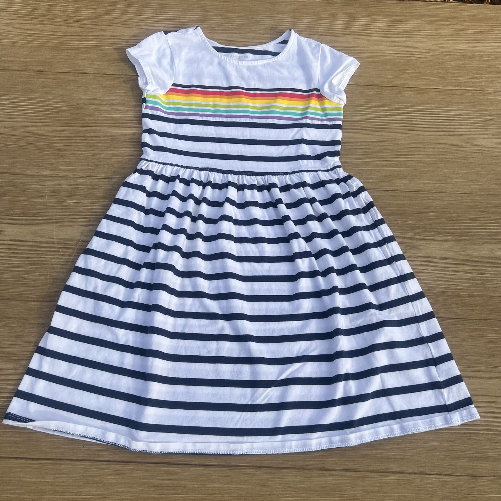 Lands’ End Girl’s Colorful Rainbow FunStripe Knit Dress Beach Birthday Size L