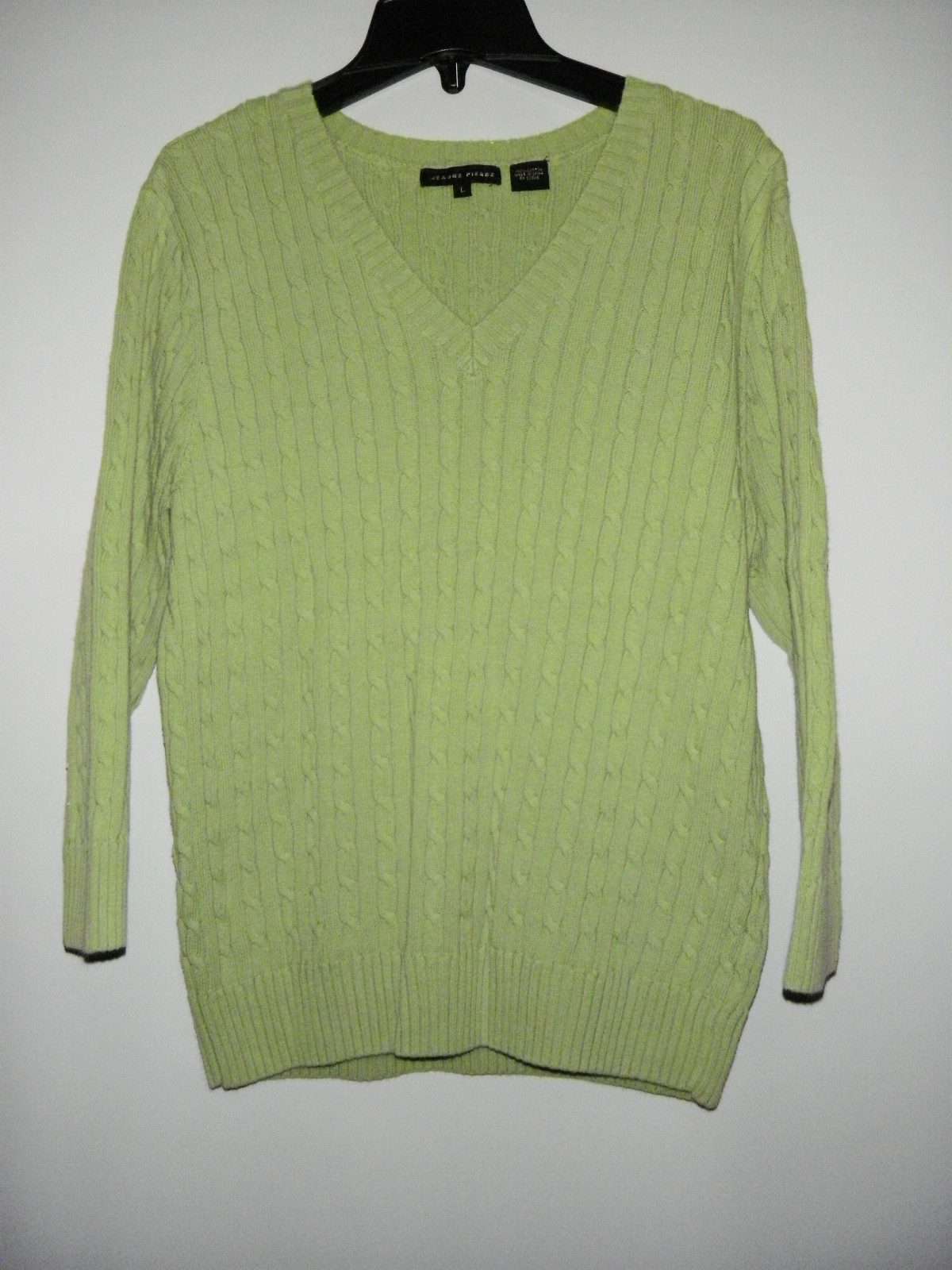 Jeanne Pierre Sweater Women Large Green V-Neck 3/4 Sleeve Cable Knit Ladies