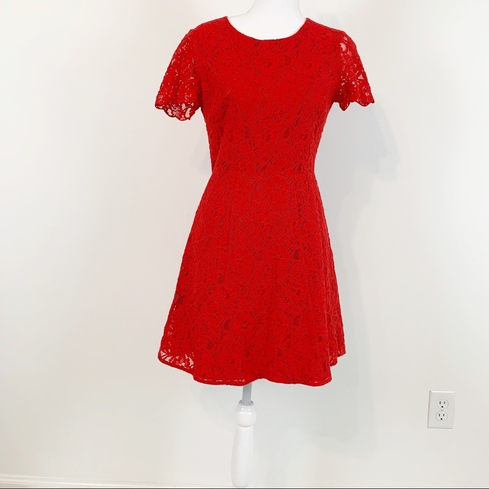 J crew women’s size 0 fit and flare lace mini dress short sleeves in red