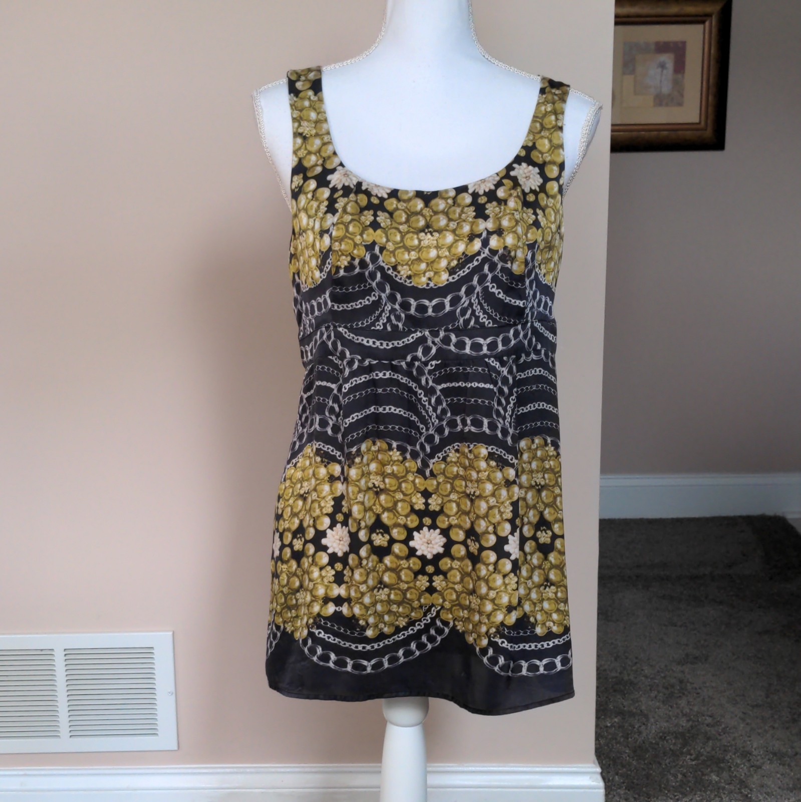 CAbi Women’s Black Yellow White Silk Woven Floral Scoop Neck Tank Top S