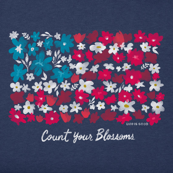 NWT Women’s Life is Good Count Your Blossoms USA Flag Dk Blue SS Crusher Tee