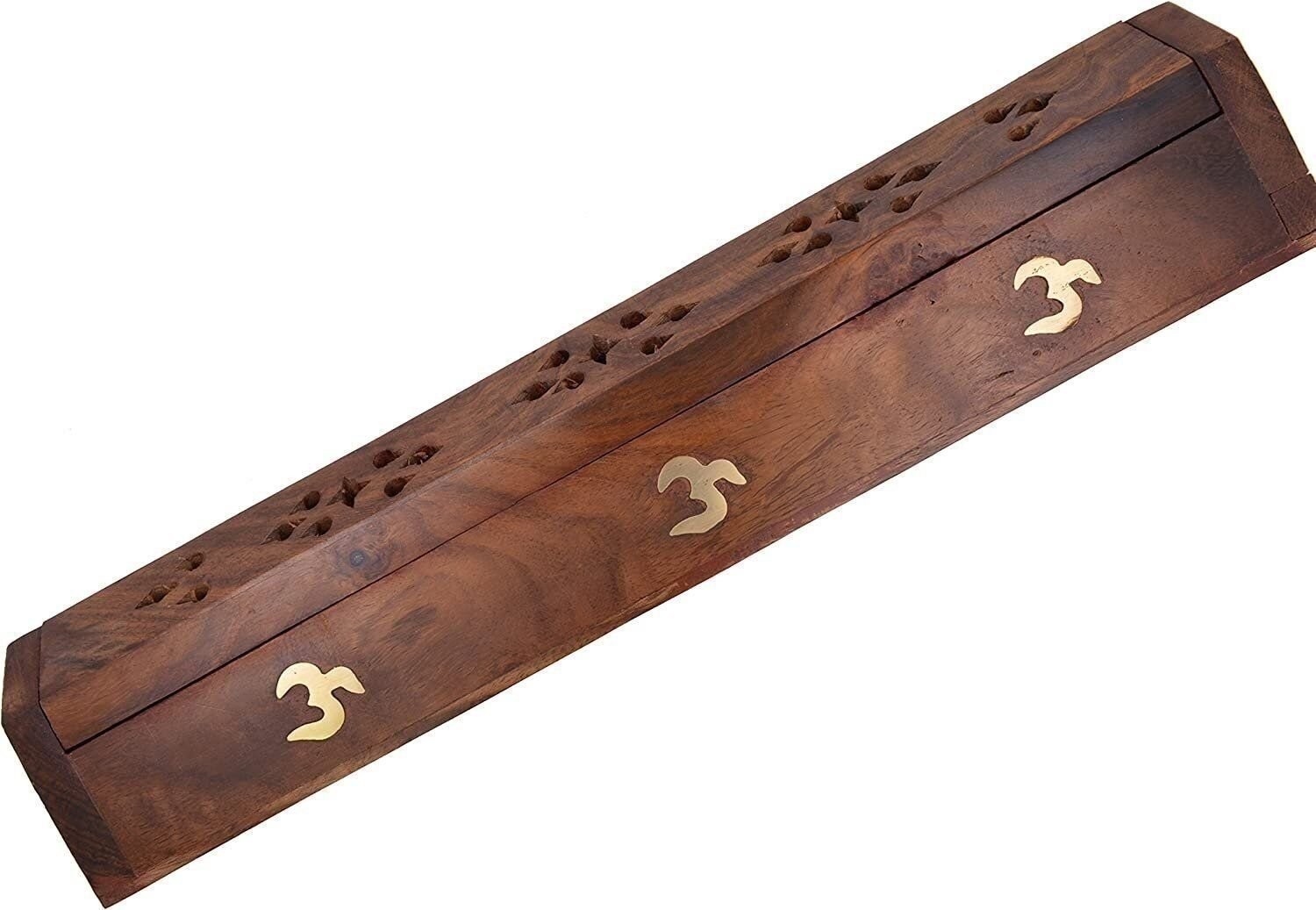Cavelio ® Rose Wooden Coffin Incense Burner – Jali and Om 12″ – Brass Inlays…