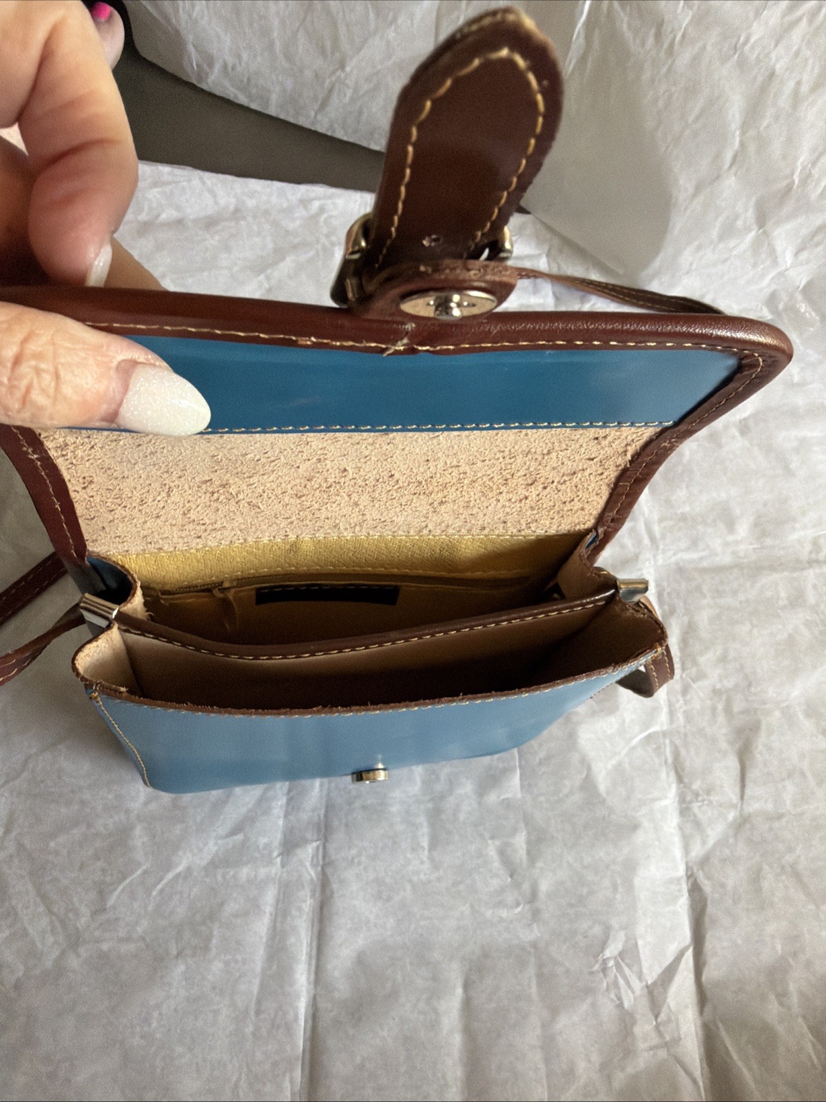 Vera Pelle Leather Crossbody Saddle Bag Genuine Italian Small Teal Blue/Brown